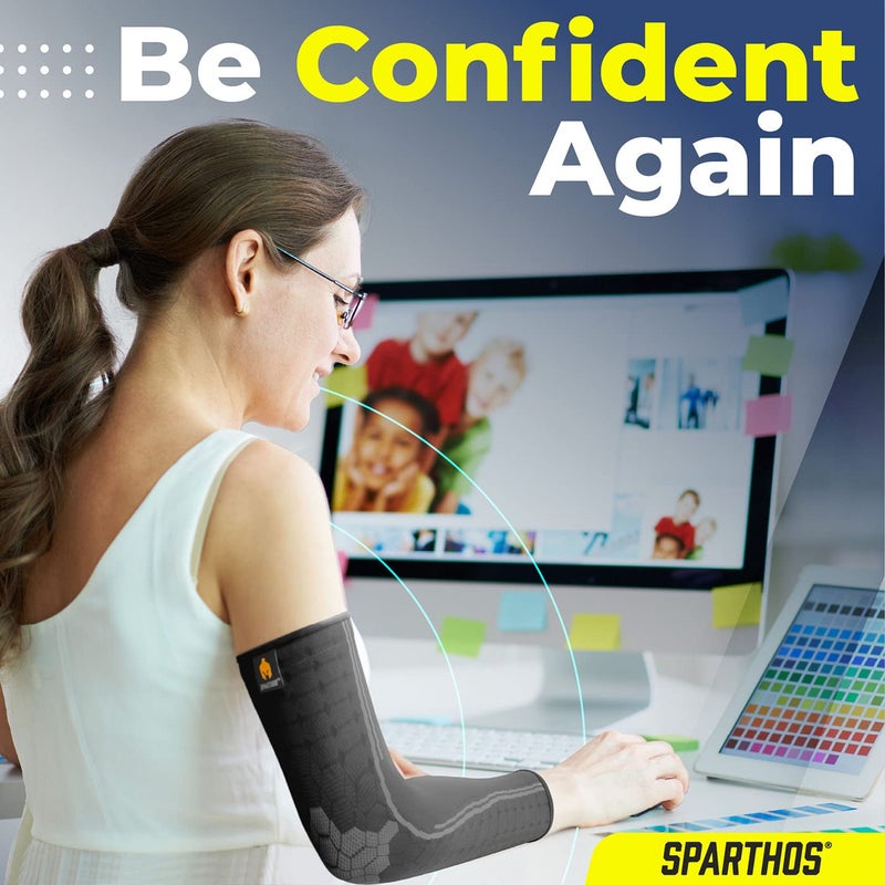 Sparthos Arm Compression Sleeve - Elbow Brace for Recovery, Support for Athletic Sports Running Tennis Baseball Lifting Football Gym Fit Shooting Weightlifting Golf - for Men and Women (Black-XS) - Image 3